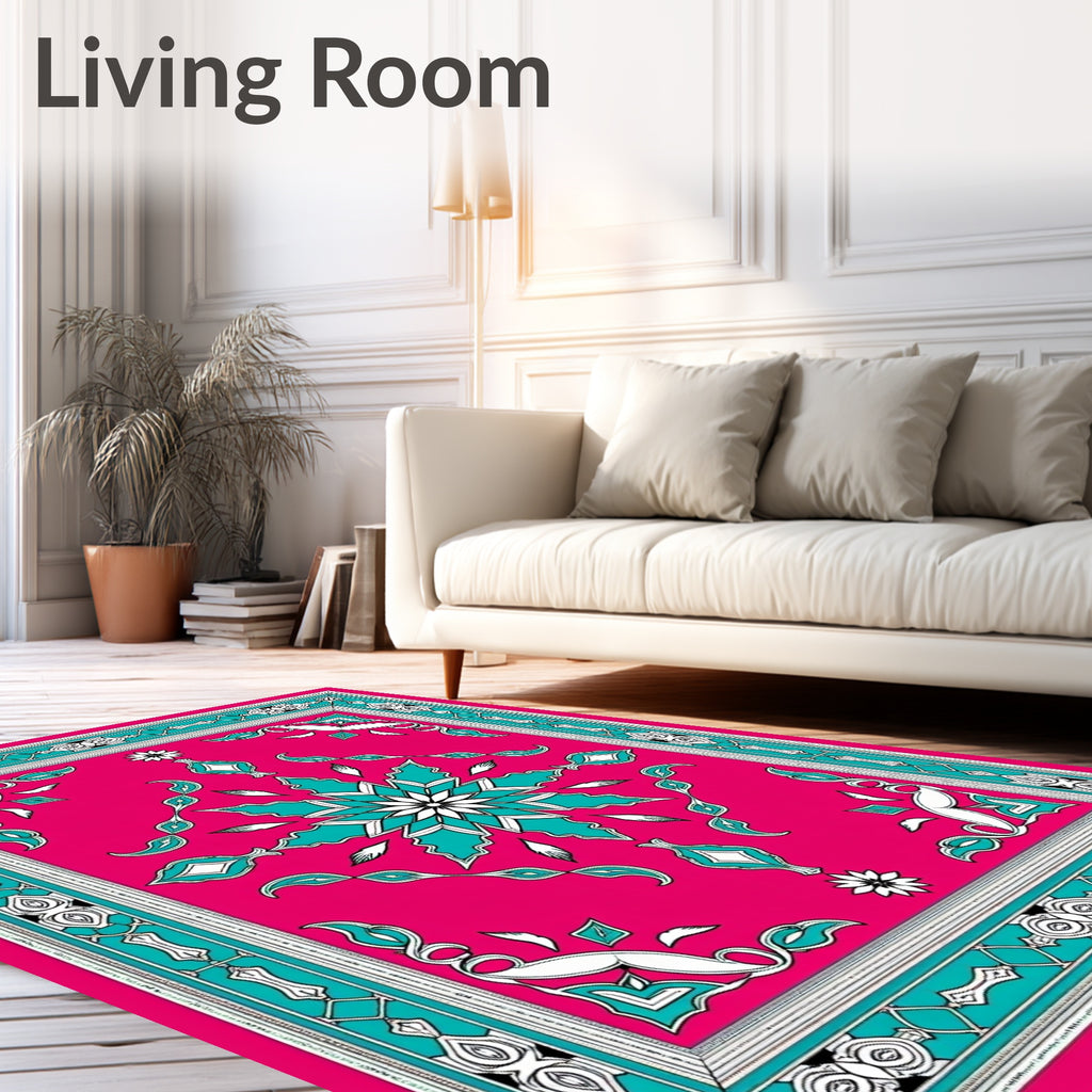 Vibrant Pink Turquoise Floral Border Rug