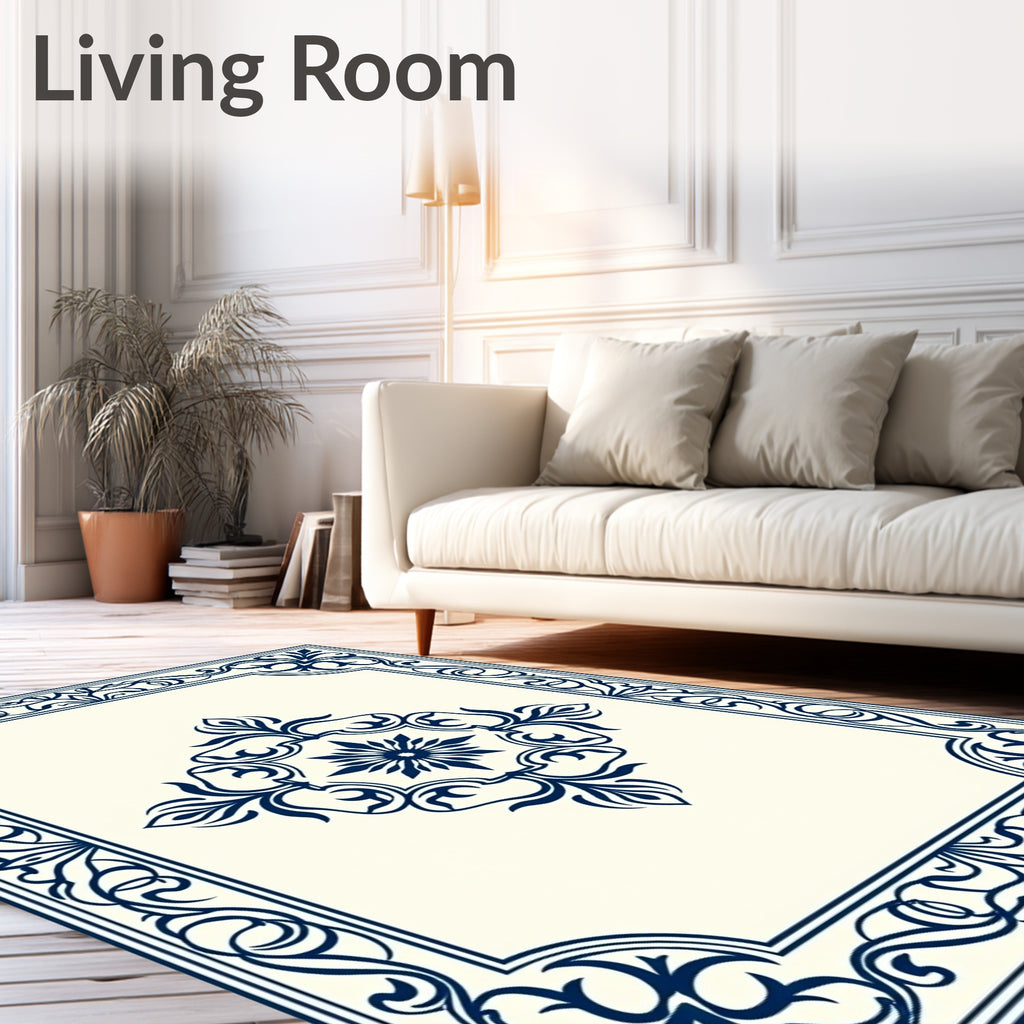 Deep Navy Floral Ornament Border Rug