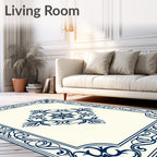 Deep Navy Floral Ornament Border Rug