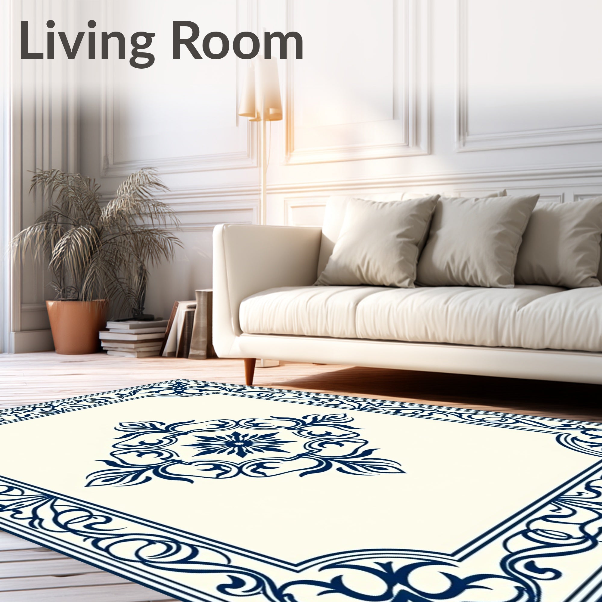 Deep Navy Floral Ornament Border Rug