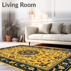 Ornate Gold and Navy Floral Medallion Rug