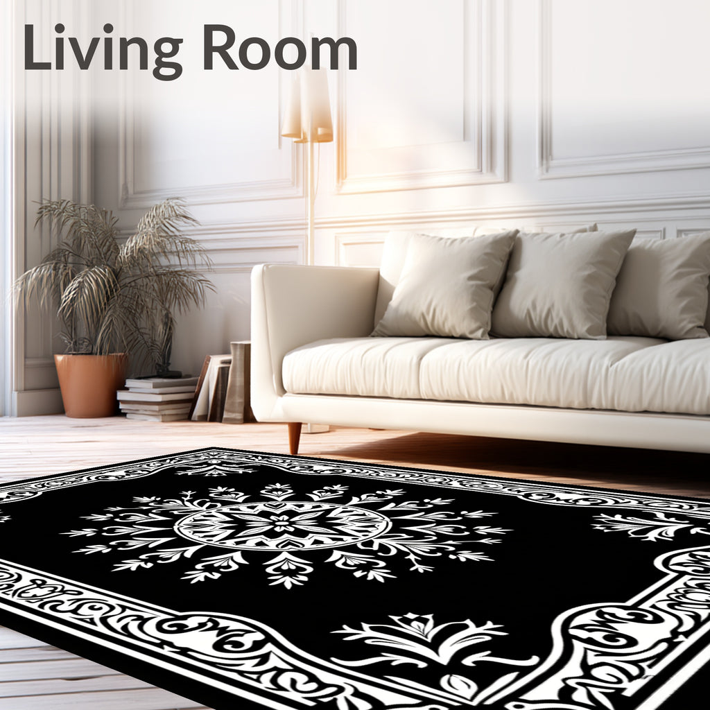 Black White Ornate Floral Mandala Rug