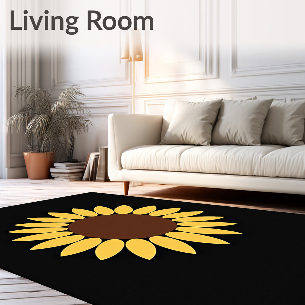 Bold Yellow Sunflower Black Background Rug