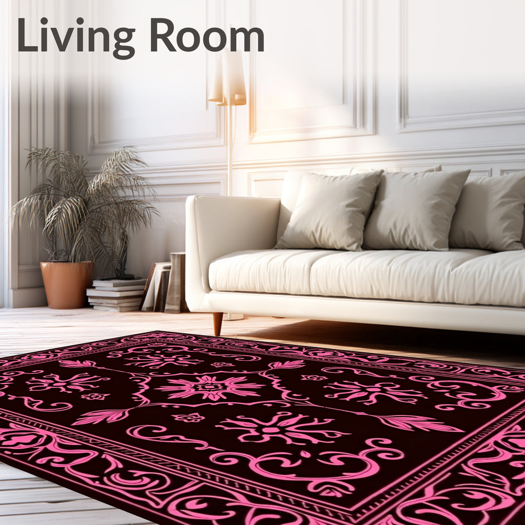 Ornate Pink Floral Scrollwork Black Rug