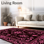 Ornate Pink Floral Scrollwork Black Rug