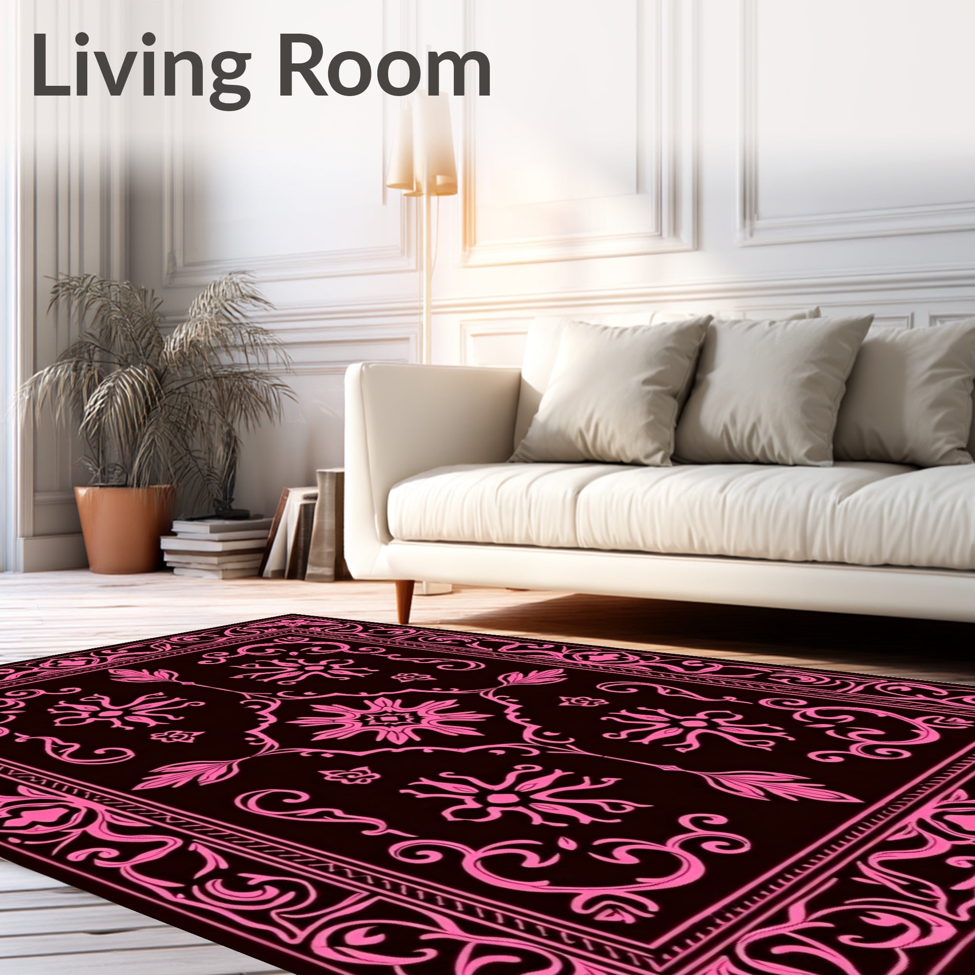 Ornate Pink Floral Scrollwork Black Rug