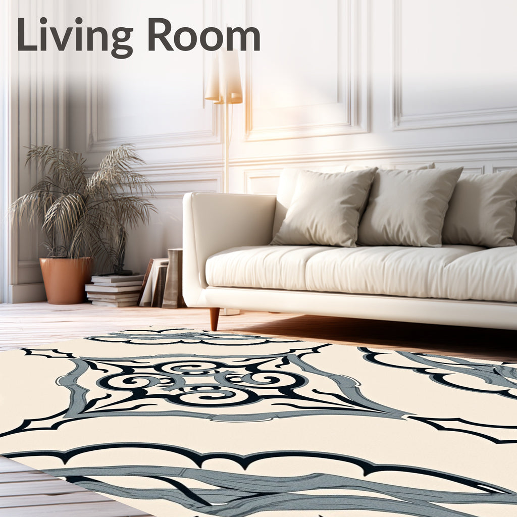 Cream Black Blue Scroll Ornament Rug