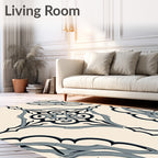 Cream Black Blue Scroll Ornament Rug