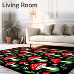 Whimsical Red Mushroom Black Woodland Rug