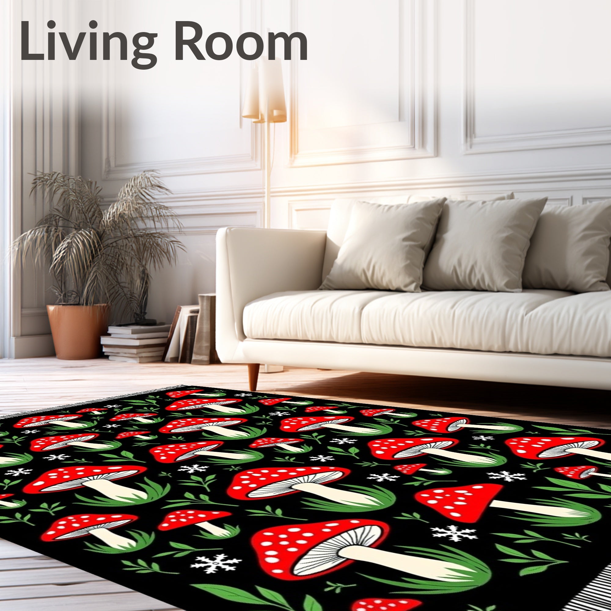 Whimsical Red Mushroom Black Woodland Rug