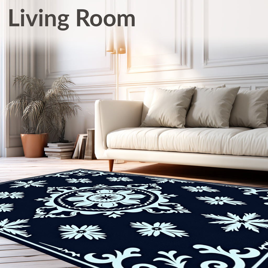 Dark Blue Floral Medallion Mandala Rug