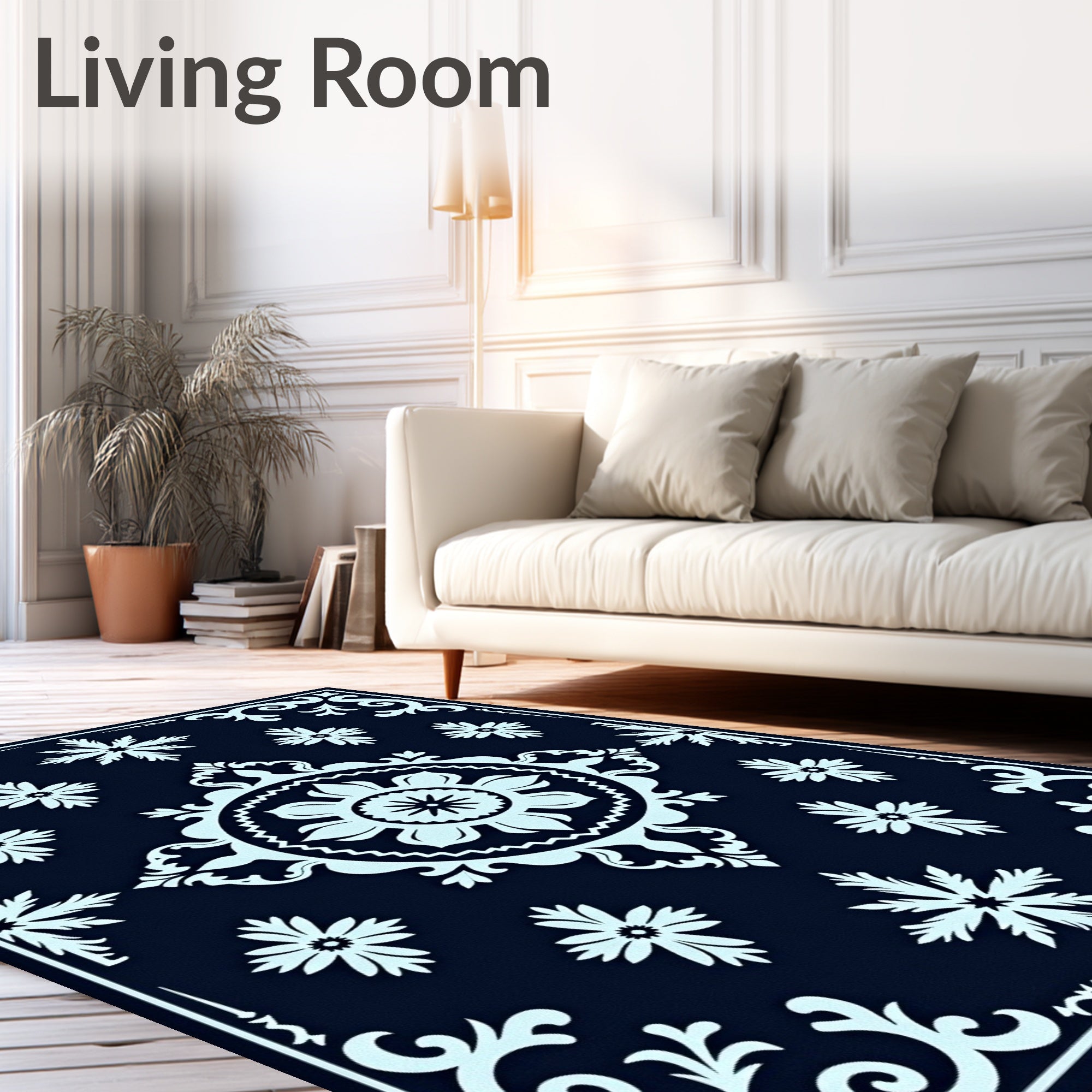 Dark Blue Floral Medallion Mandala Rug