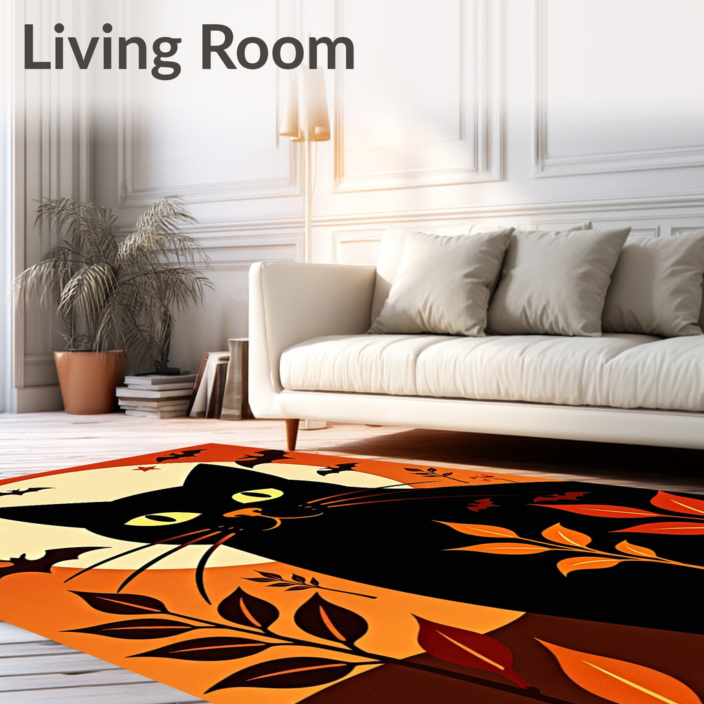 Black Cat Halloween Moon Bats Rug