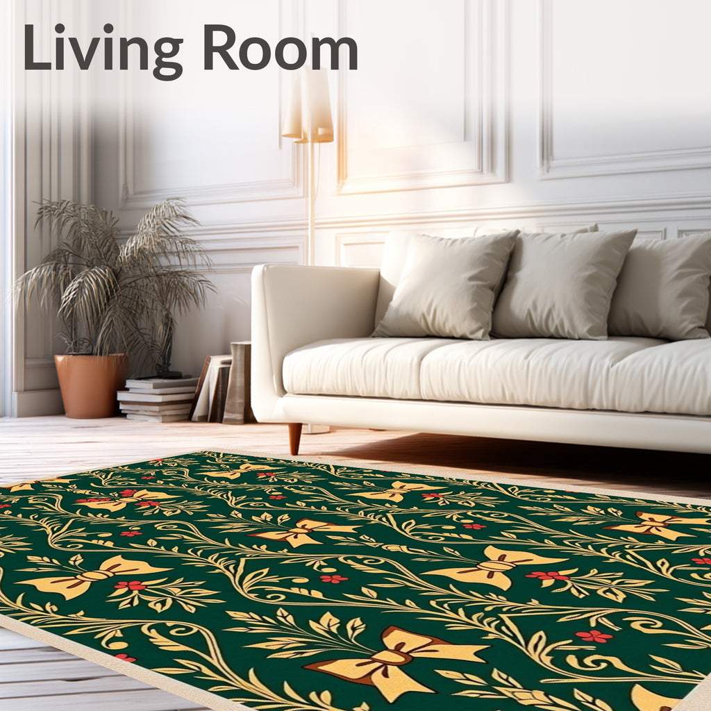 Emerald Green Gold Bow Botanical Rug