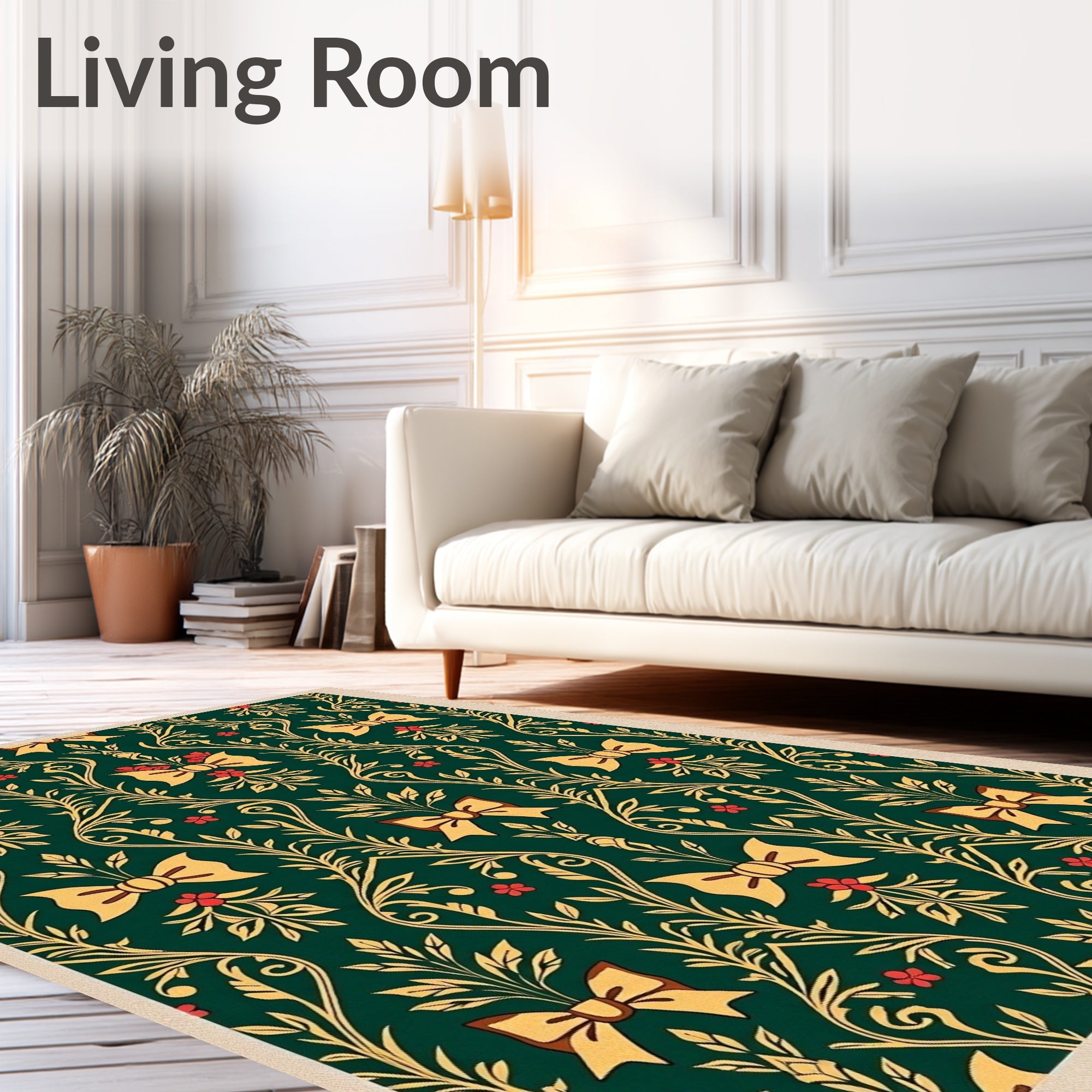 Emerald Green Gold Bow Botanical Rug