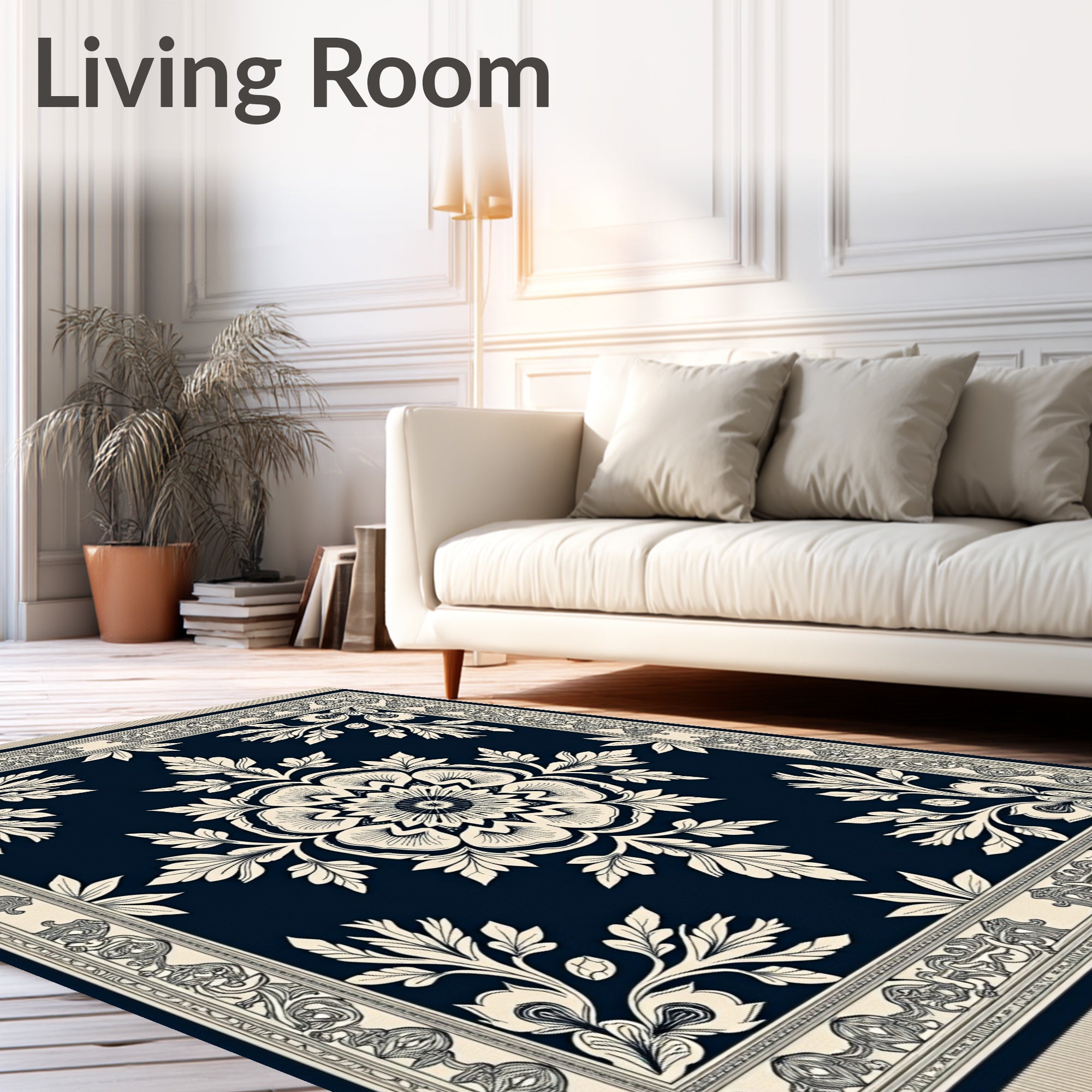 Classic Ivory Floral Medallion Navy Rug