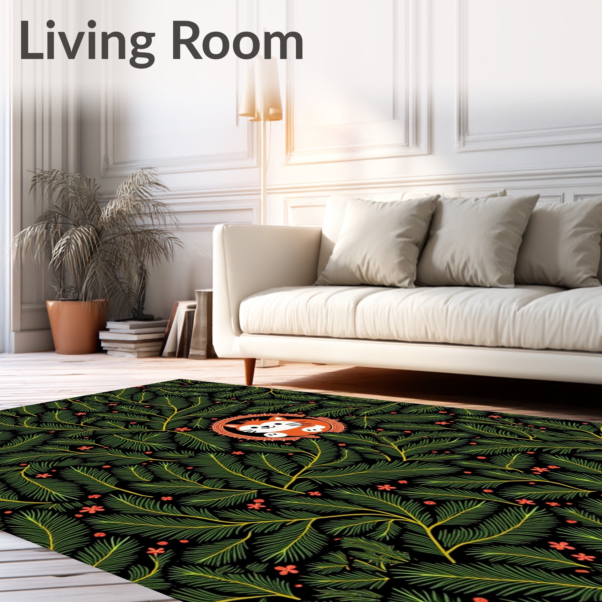 Whimsical Orange Cat Pine Branch Rug