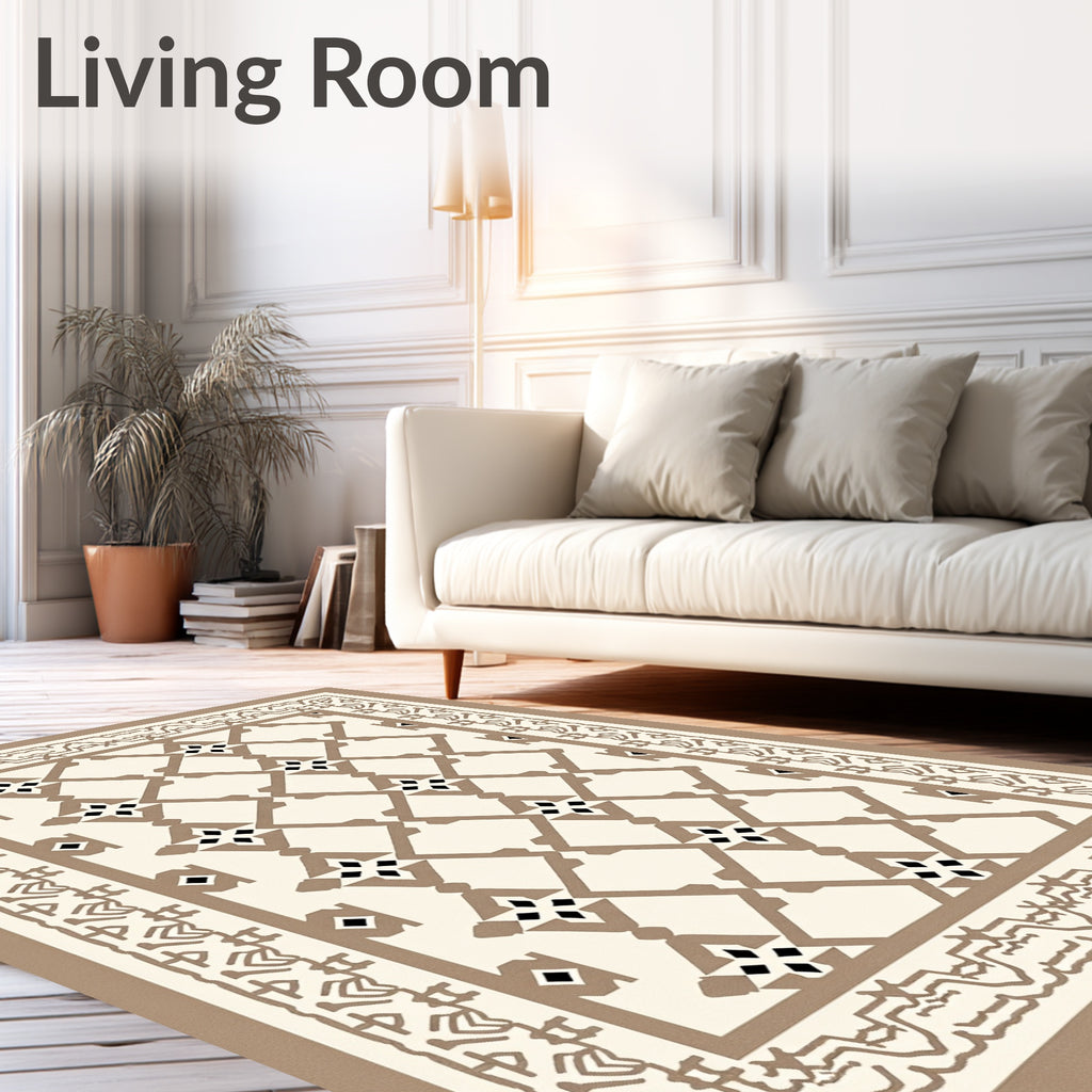 Cream Taupe Lattice Geometric Border Rug