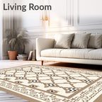 Cream Taupe Lattice Geometric Border Rug