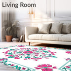 Pink Teal Floral Medallion Border Rug