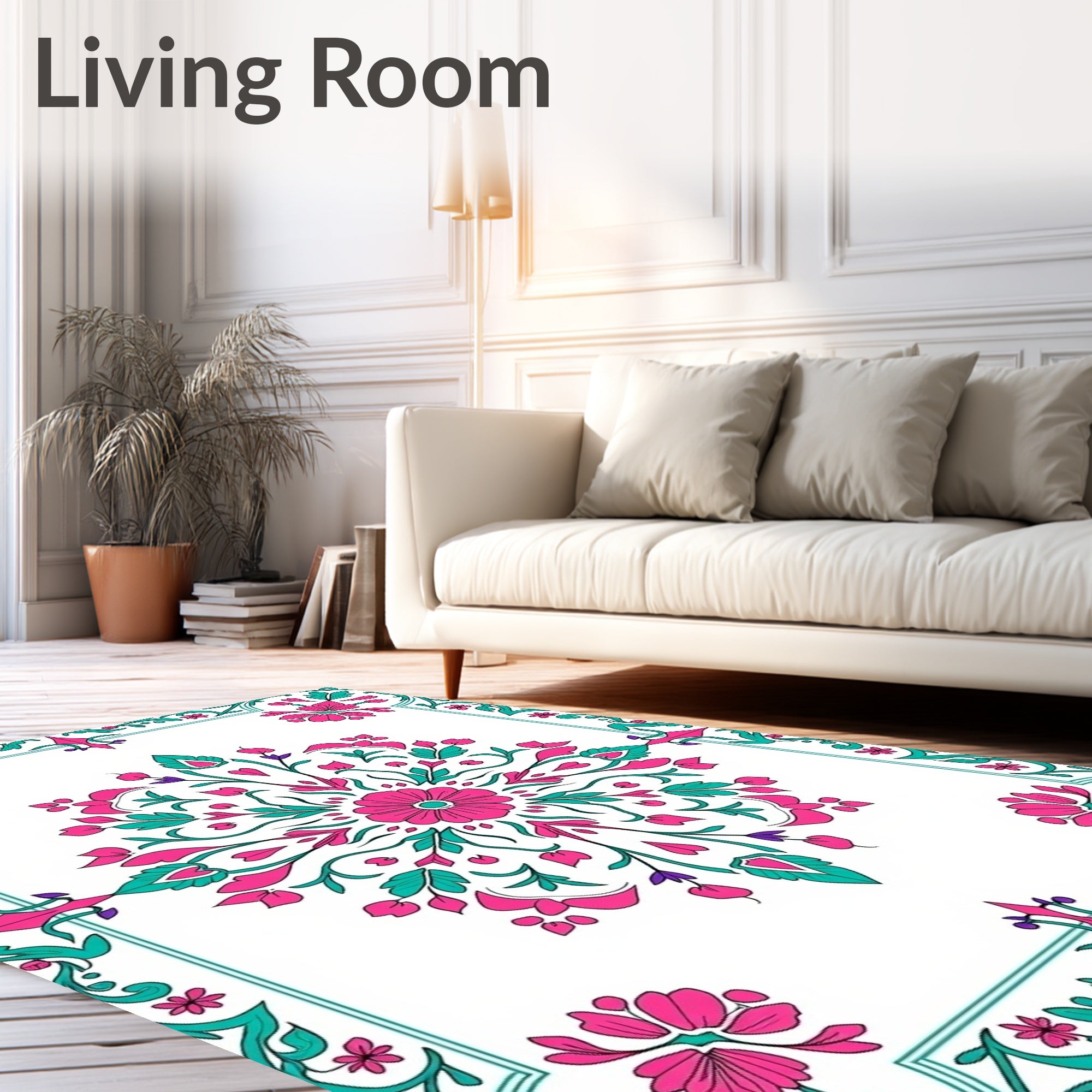 Pink Teal Floral Medallion Border Rug