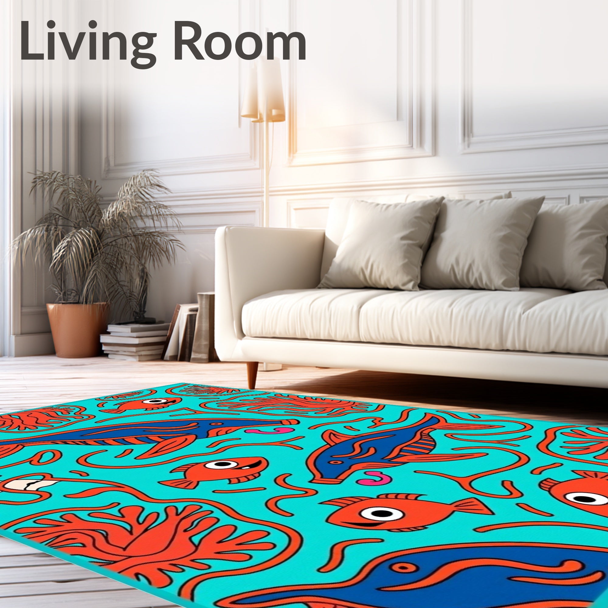 Aqua Blue Whimsical Coral Fish Rug
