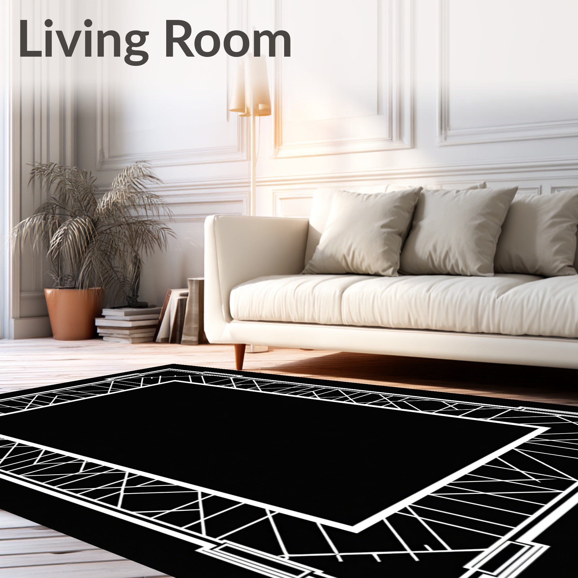Art Deco Frame Geometric White Rug