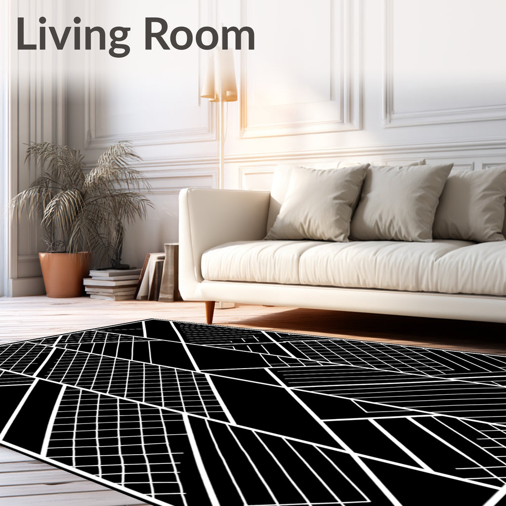 Black White Geometric Labyrinth Rug