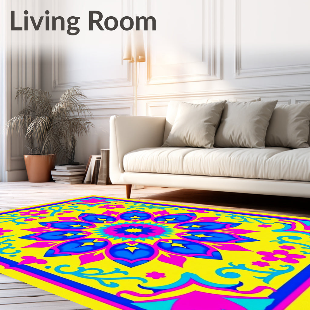 Vibrant Yellow Blue Pink Floral Mandala Rug