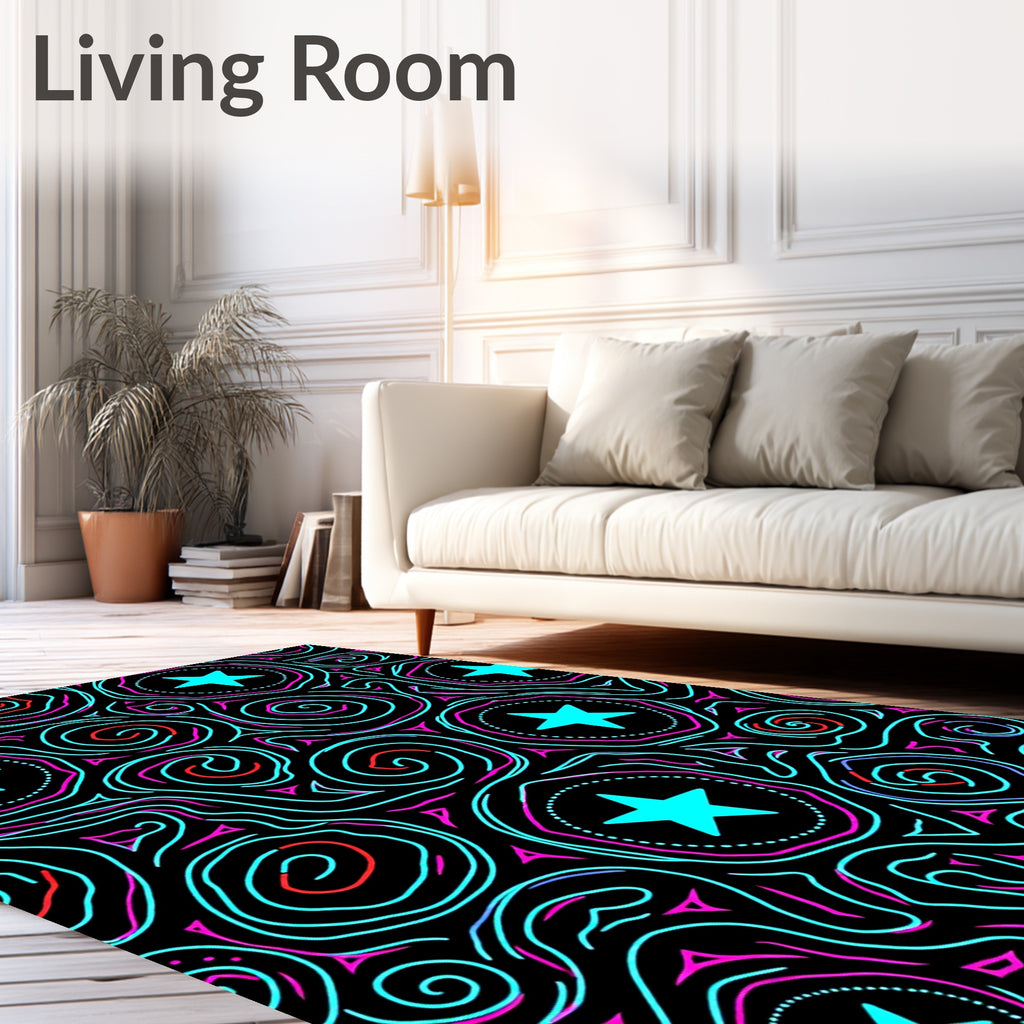 Neon Blue Star Swirl Abstract Rug