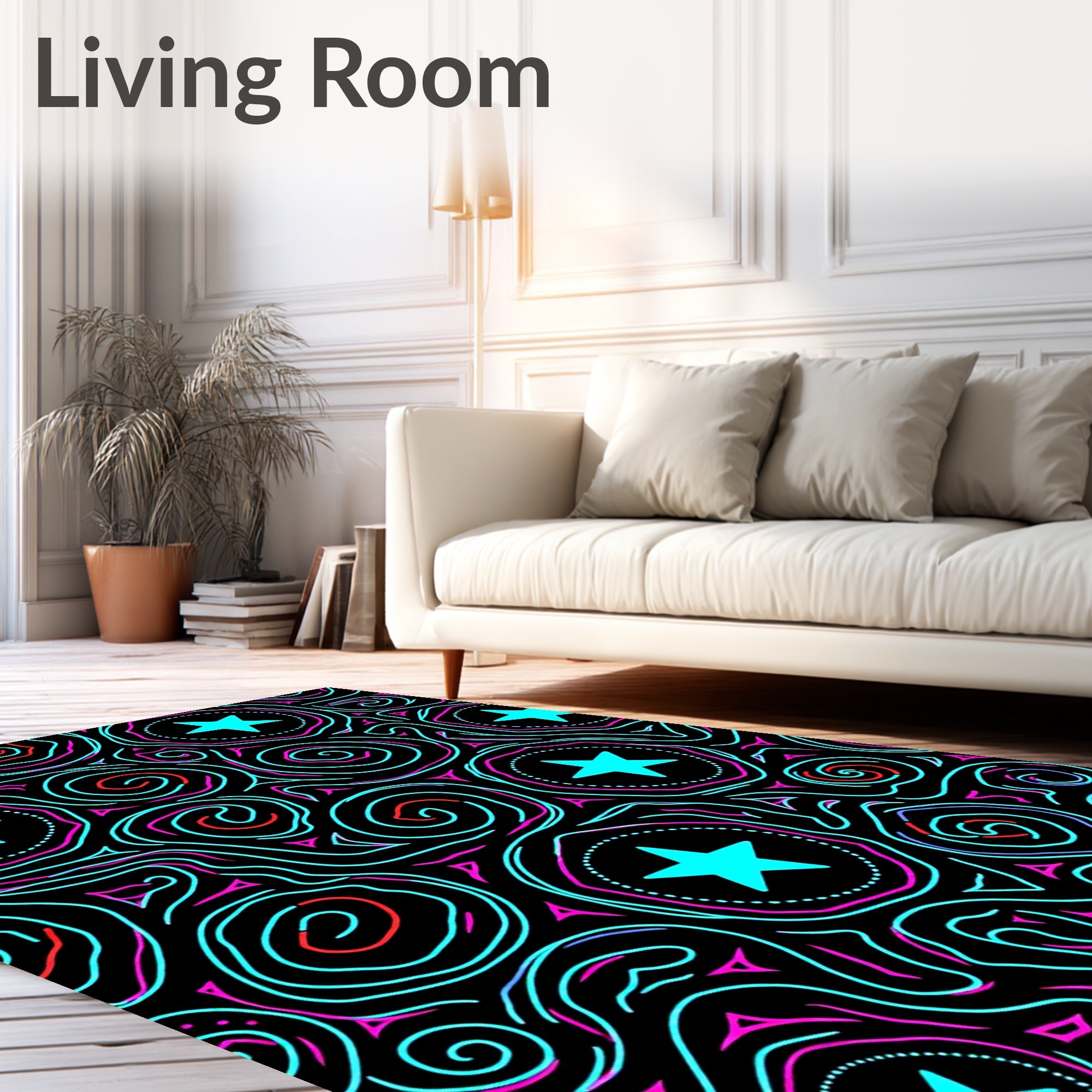 Neon Blue Star Swirl Abstract Rug