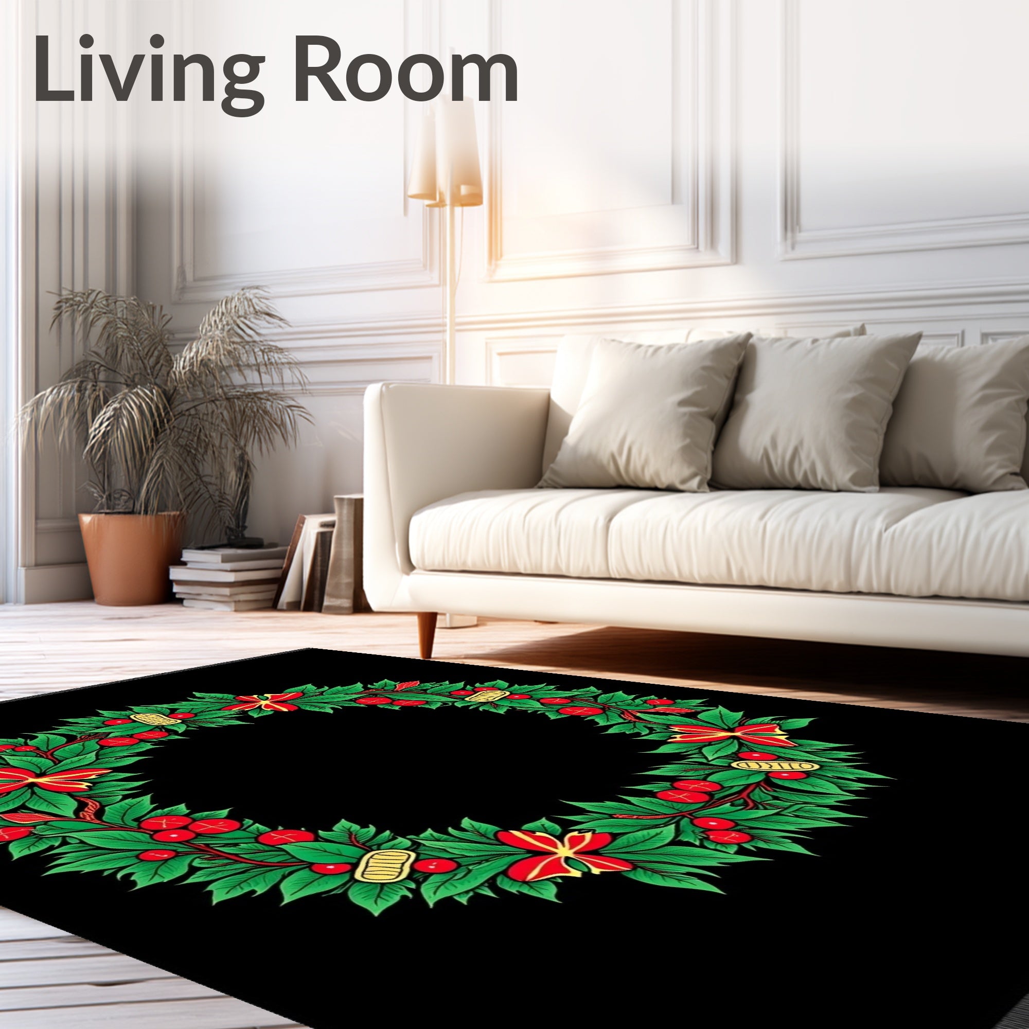 Festive Green Red Holly Wreath Rug