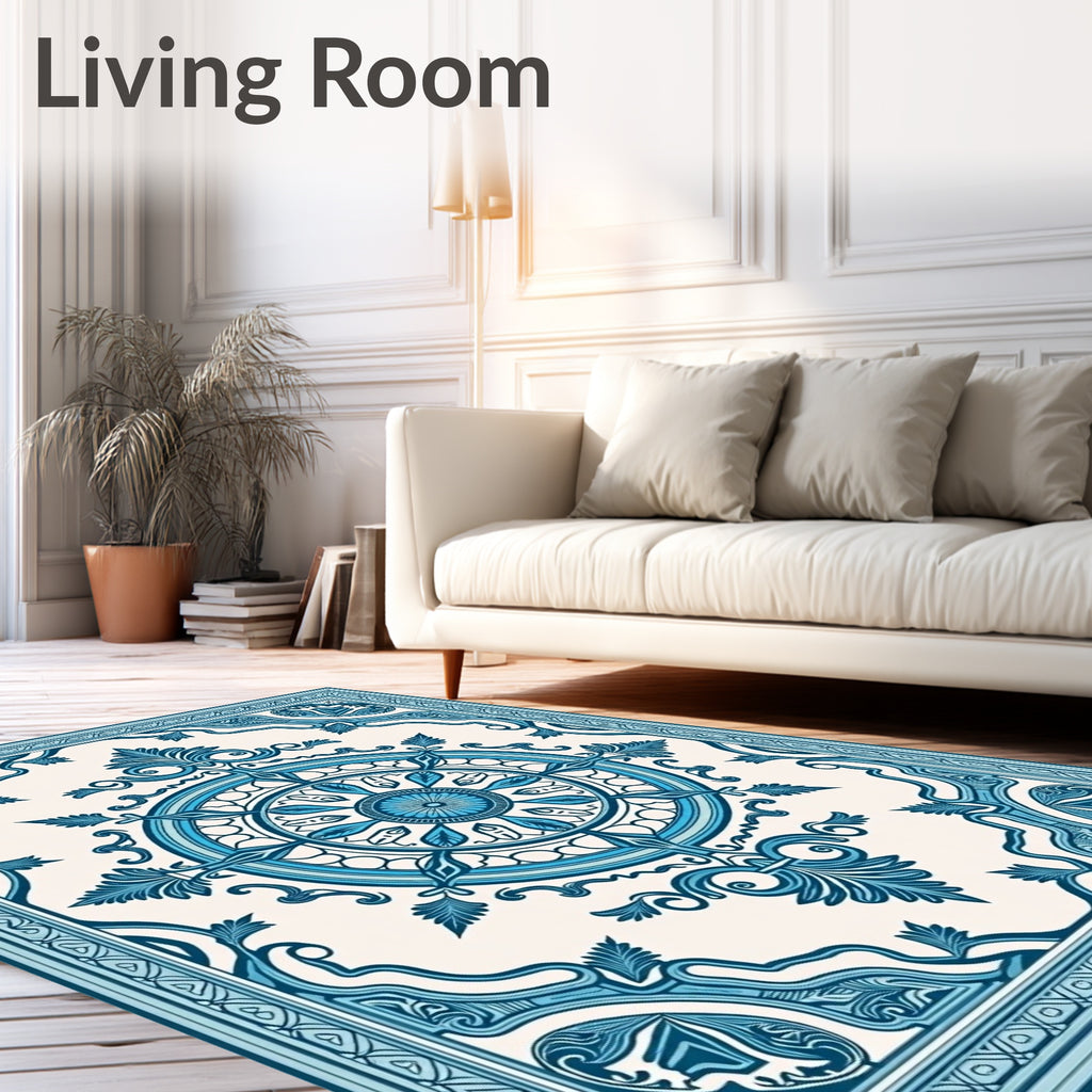 Azure Medallion Floral Frame Rug