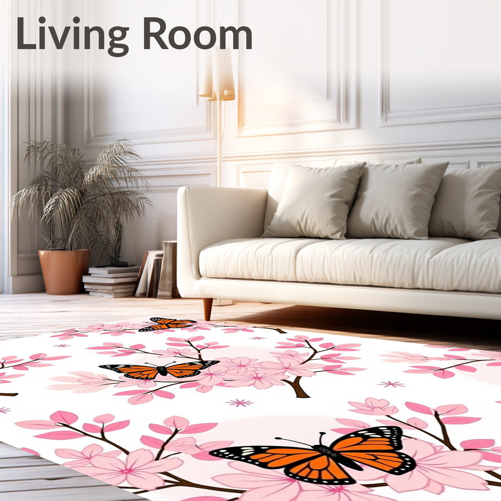 Pink Cherry Blossom Orange Monarch Butterflies Rug