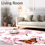 Pink Cherry Blossom Orange Monarch Butterflies Rug