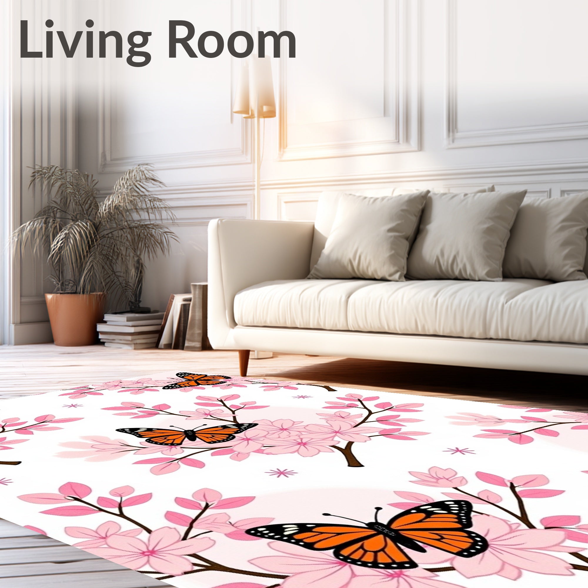 Pink Cherry Blossom Orange Monarch Butterflies Rug