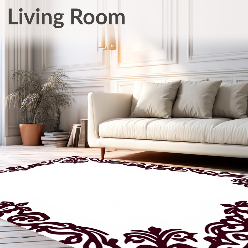 Dark Red Floral Scroll Border Rug