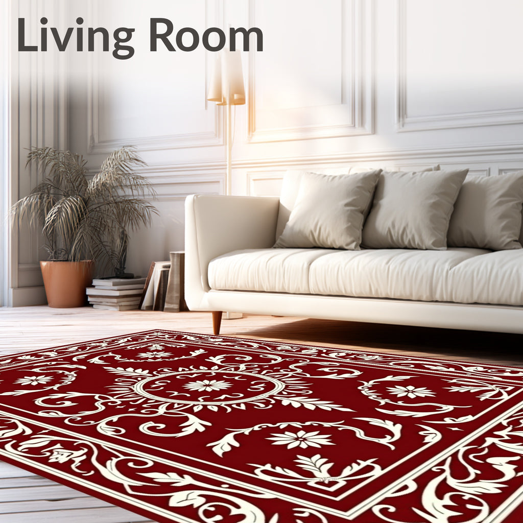 Crimson White Floral Scrollwork Border Rug