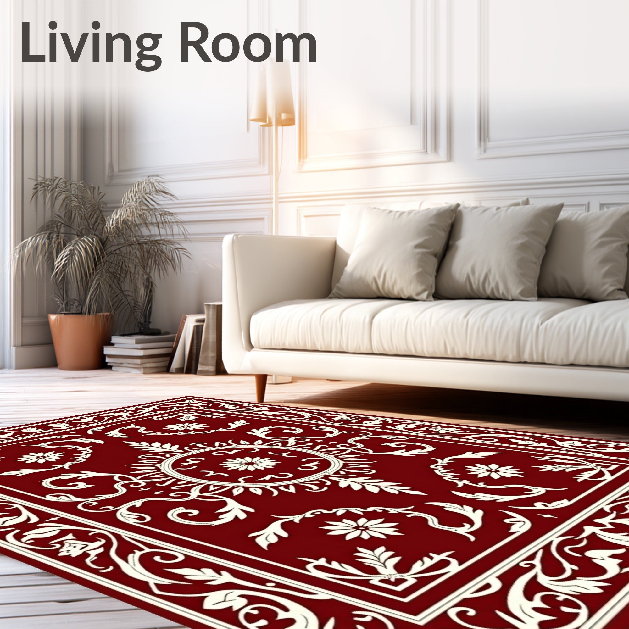 Crimson White Floral Scrollwork Border Rug