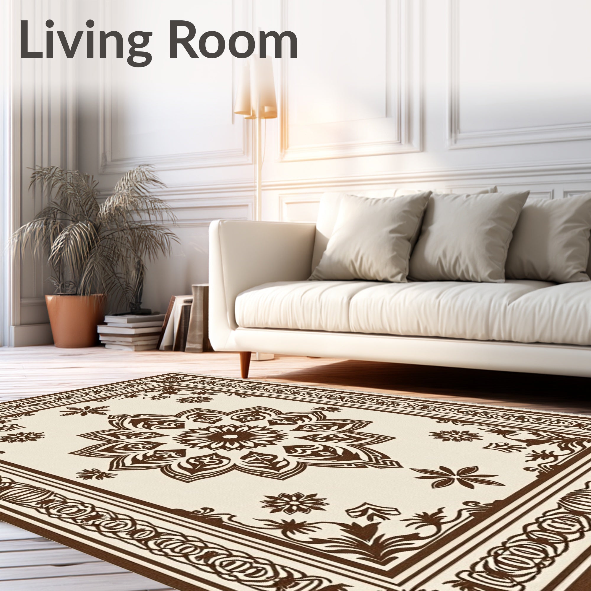 Brown Floral Medallion Cream Border Rug
