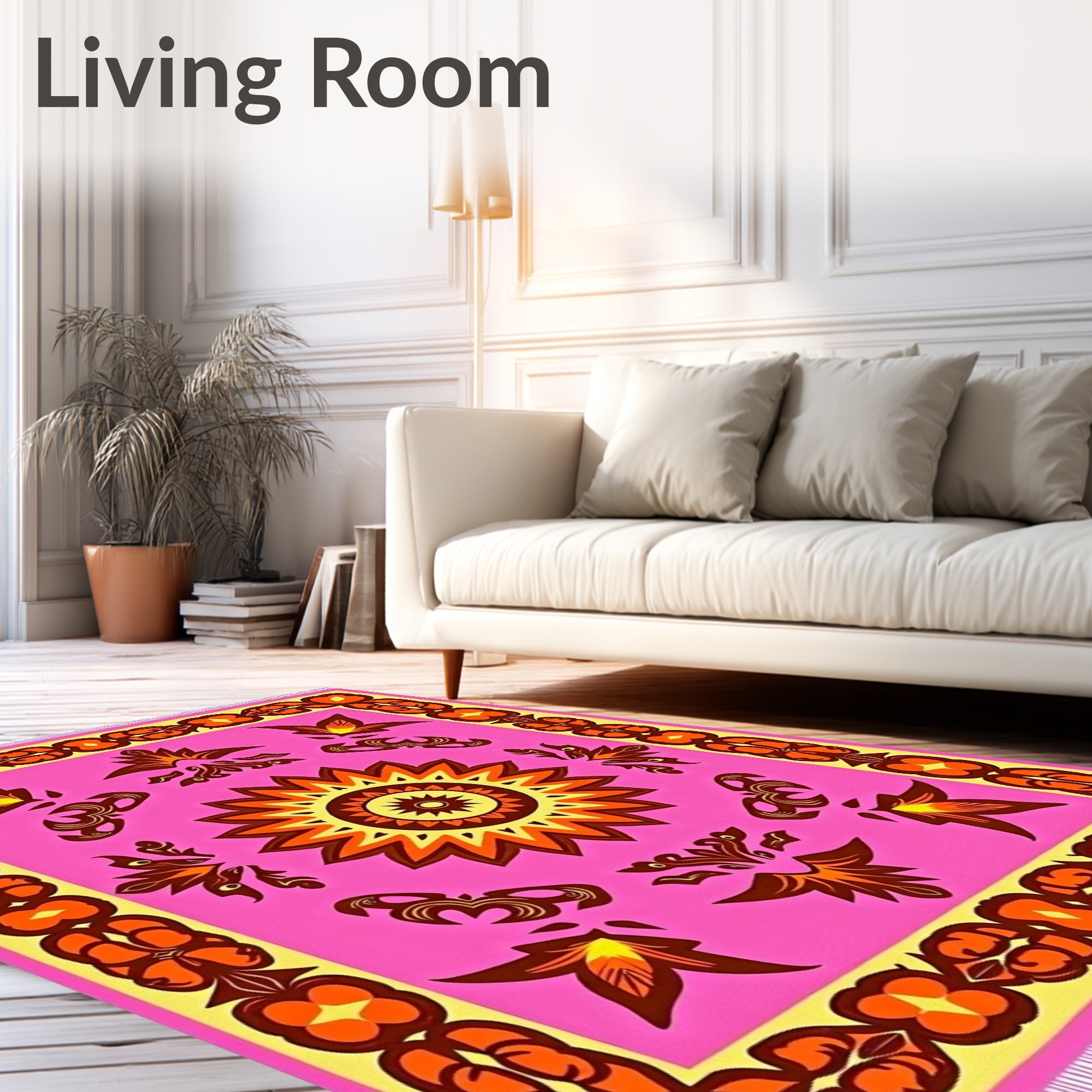 Pink Orange Sunburst Floral Medallion Rug