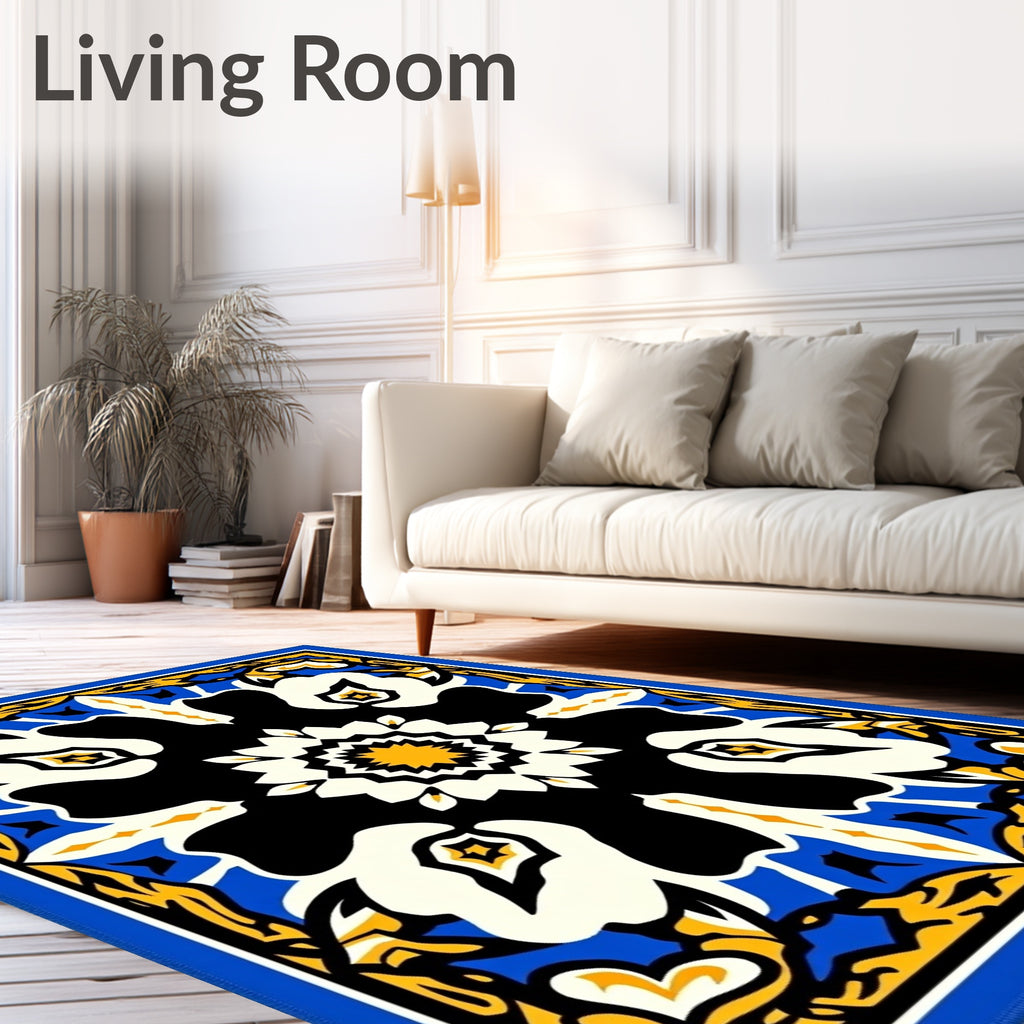 Bold Blue Yellow Floral Medallion Rug