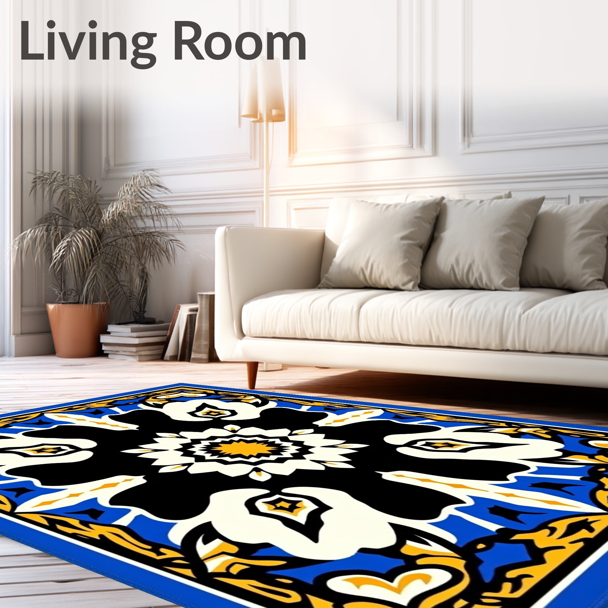 Bold Blue Yellow Floral Medallion Rug