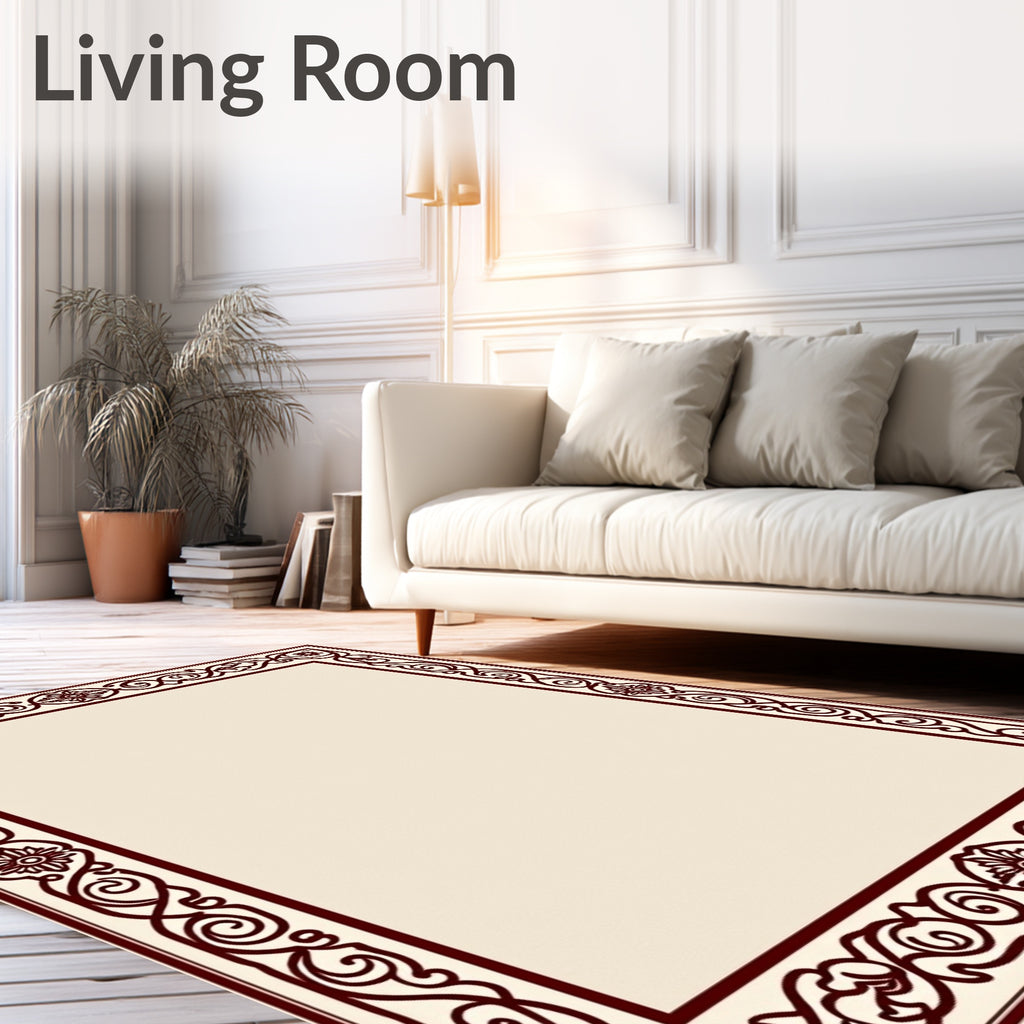Deep Burgundy Floral Scroll Border Rug
