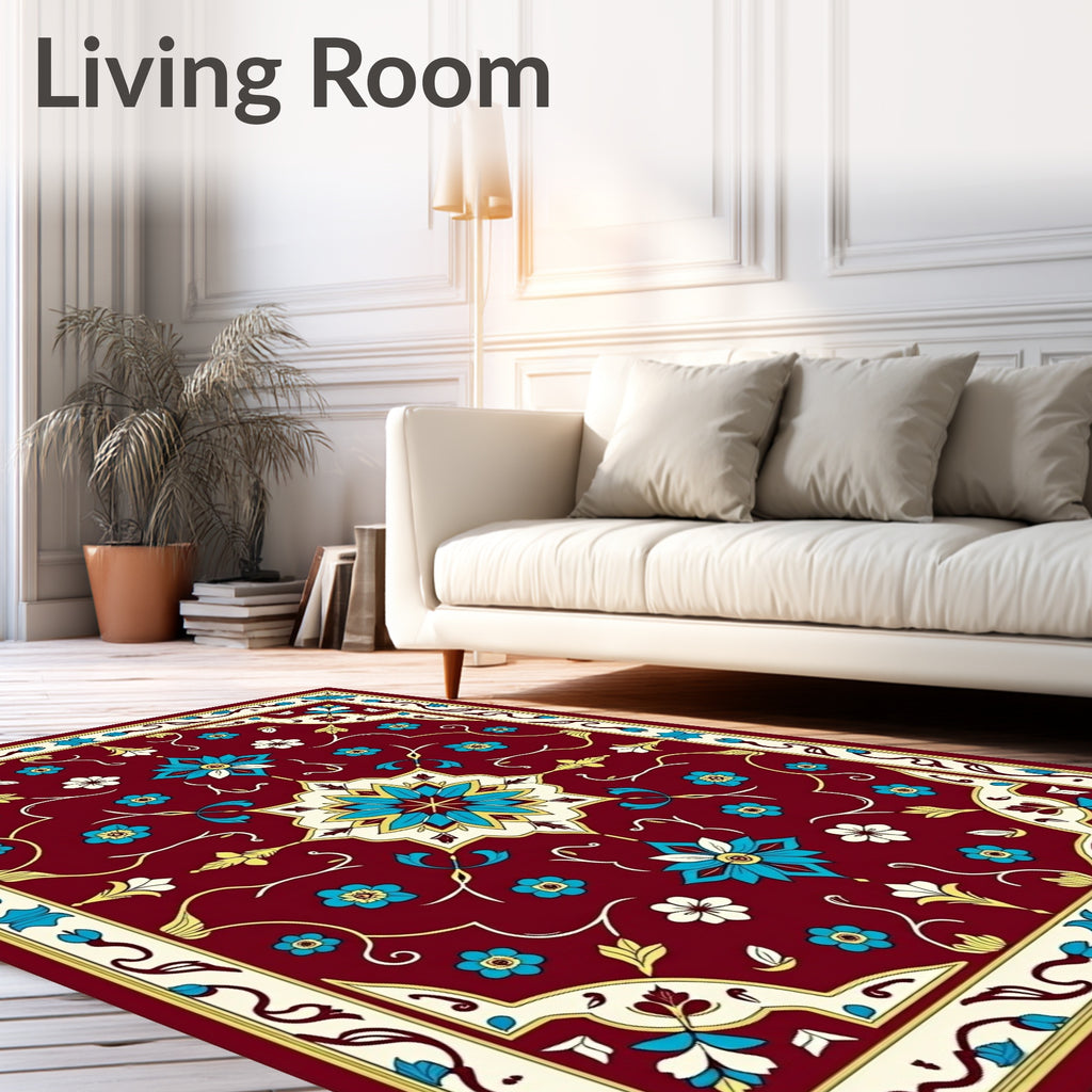 Crimson Floral Medallion Aqua Accents Rug