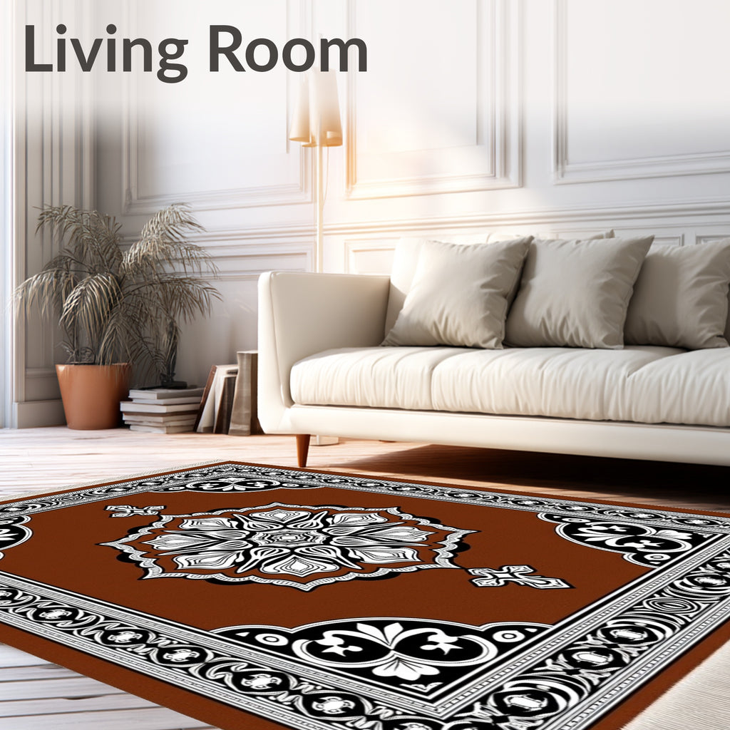 Ornate Brown Floral Medallion Border Rug
