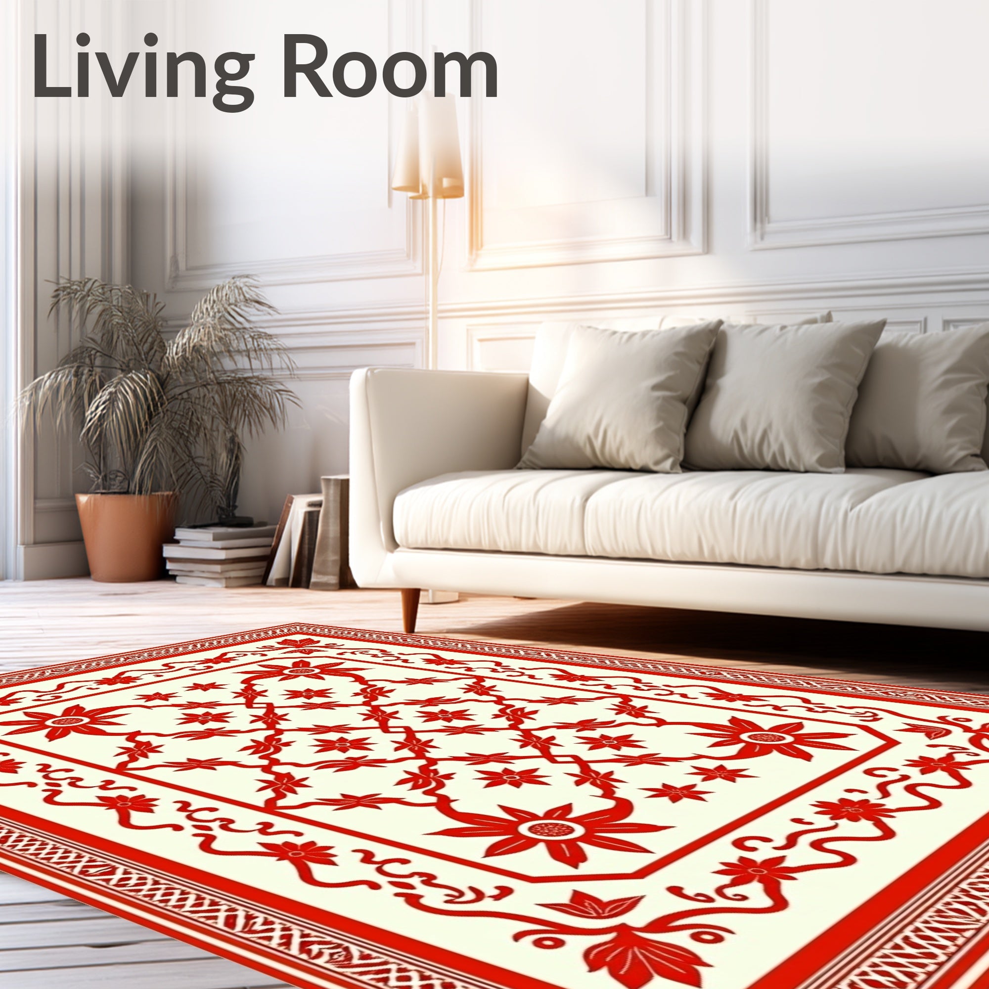 Crimson Red Floral Vine Border Rug