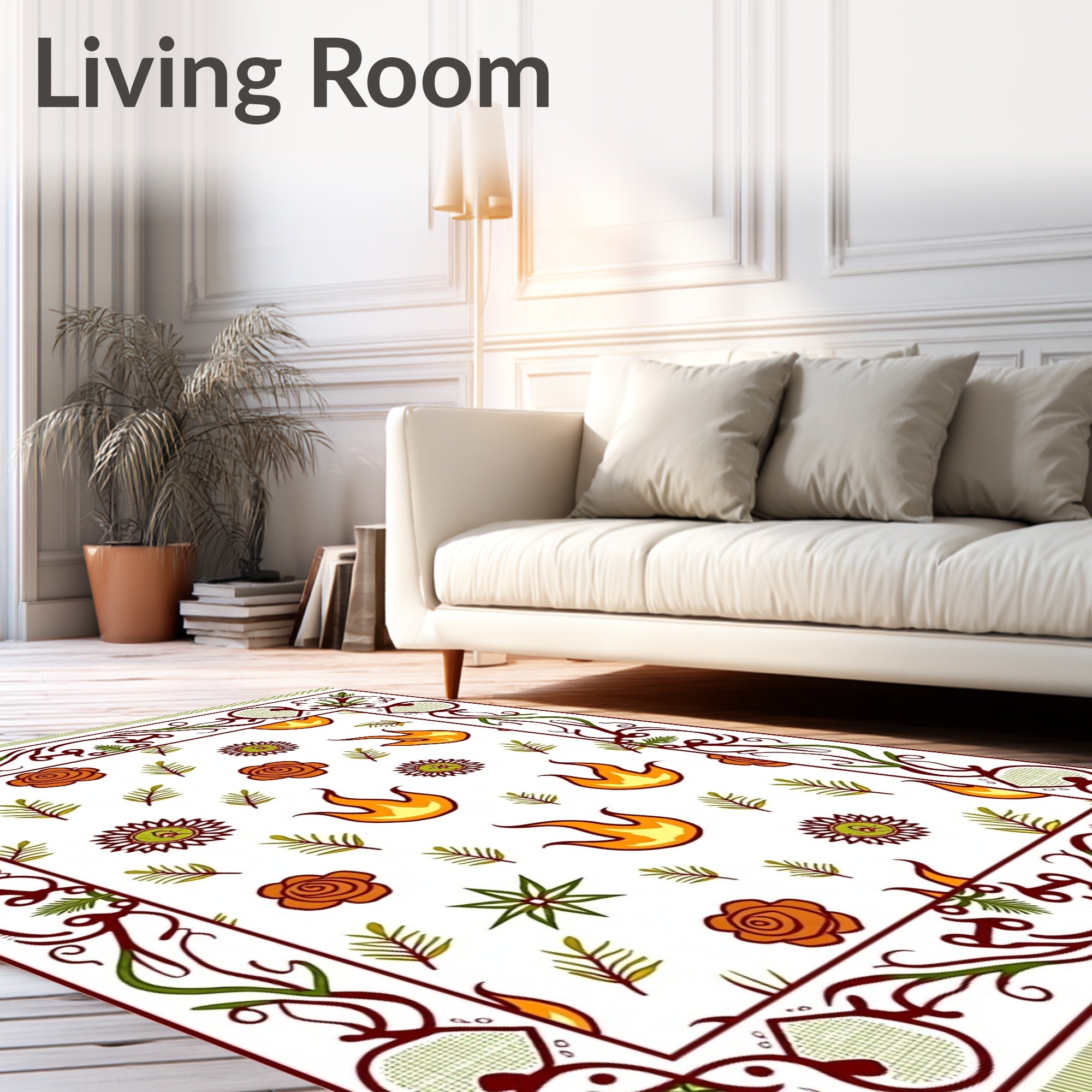 Whimsical Fire Floral Fern Border Rug