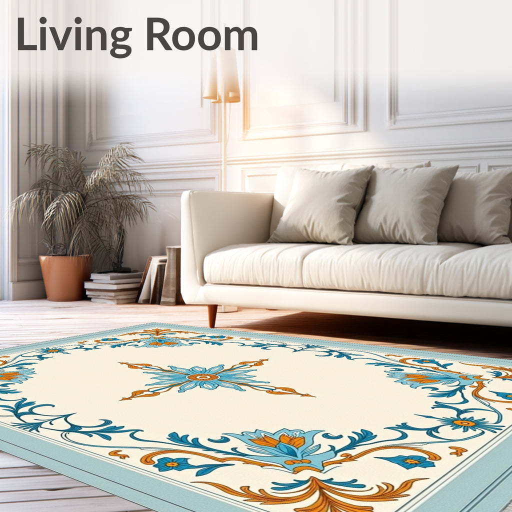 Regal Blue Orange Floral Medallion Border Rug