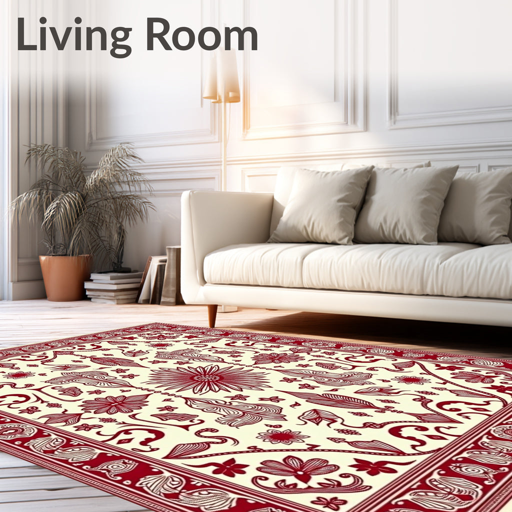 Crimson Floral Swirl Border Rug